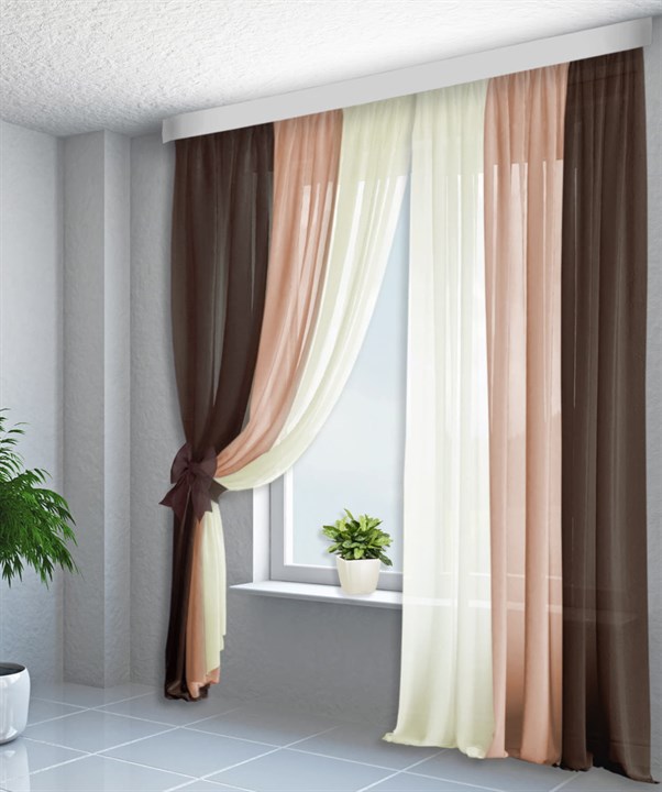 Комплект комбинированных штор из вуали (выс.250) кремовый/персиковый/шоколадный - фото 149870