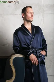 БРИЛЛИАНТ ТЕМНО-СИНИЙ ПРЕМИУМ XXXXXL (58-60) Мужской шелковый халат, 100% Mulberry MRNAVYB2005XL