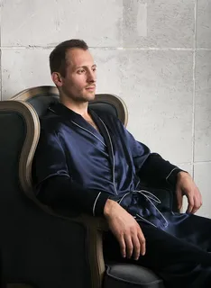 БРИЛЛИАНТ ТЕМНО-СИНИЙ ПРЕМИУМ XXL (52-54) Мужской шелковый халат, 100% Mulberry MRNAVYB2002XL