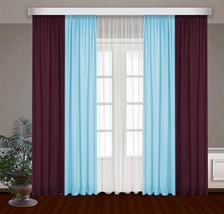 Комбинированные шторы Габриэль с тюлем, голубой/бордовый